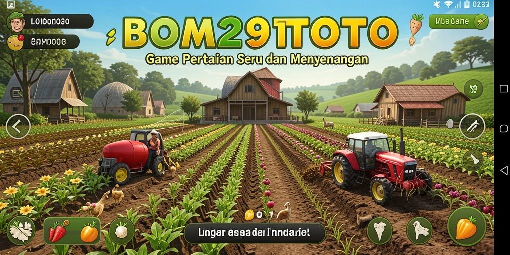 Screenshot gameplay BOM29TOTO menampilkan lahan pertanian yang subur dan aktivitas bertani.