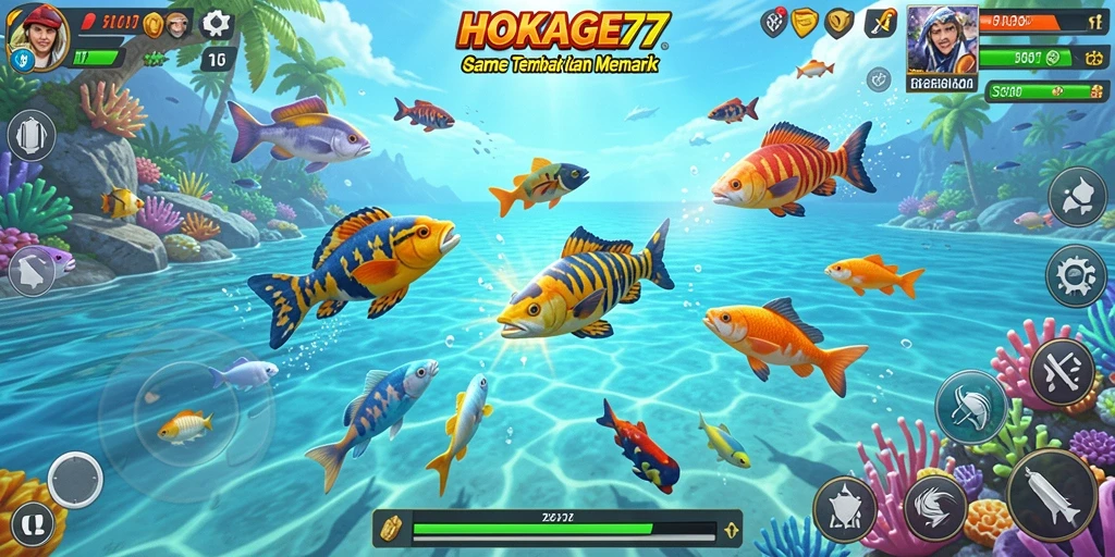 Tampilan gameplay HOKAGE77 saat menembak ikan di lautan.