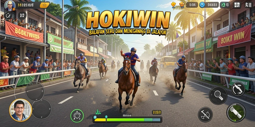 Tampilan gameplay seru HOKIWIN dengan mobil kustom yang memukau.