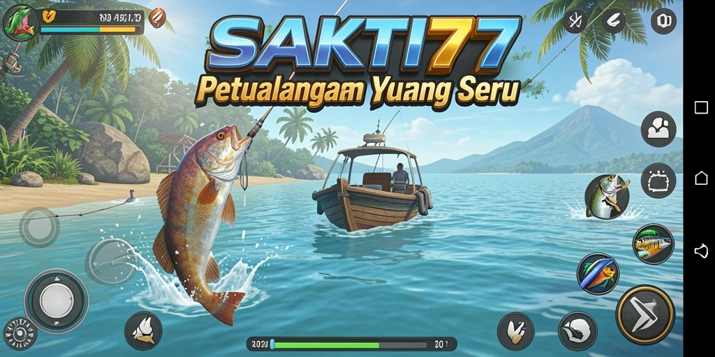 Screenshot gameplay SAKTI77 yang menunjukkan pemancingan di danau indah.