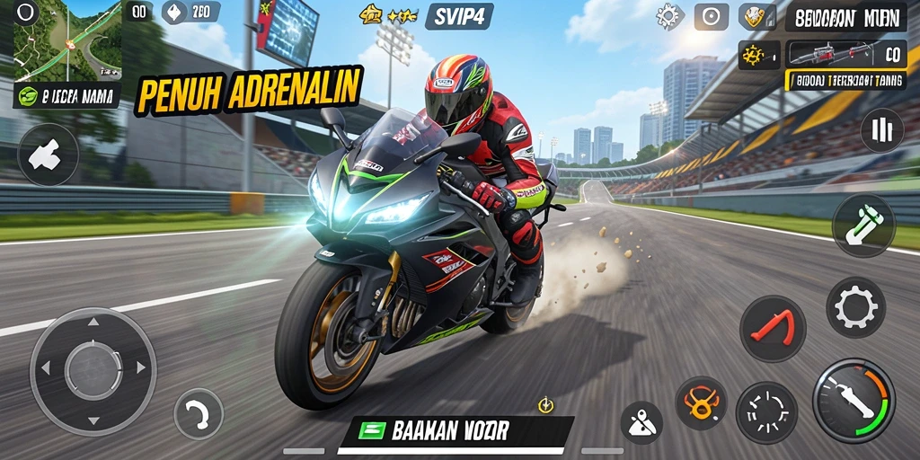 Tampilan gameplay seru di SVIP4 dengan balapan motor yang menegangkan.