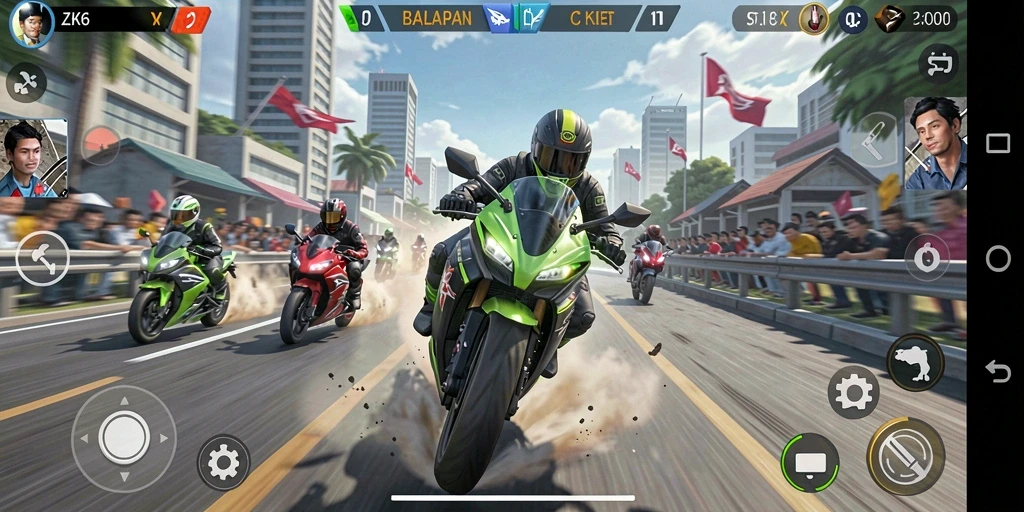 Tangkapan layar ZK6 menampilkan aksi balapan motor yang mendebarkan di trek yang menantang.
