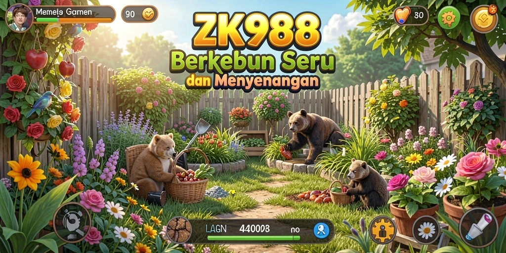 Screenshot gameplay ZK988 yang menggambarkan keindahan ladang dan tanaman.